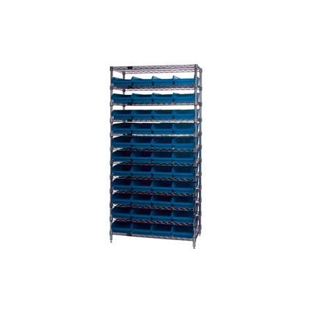 Global Industrial Chrome Wire Shelving with 44 4inH Plastic Shelf Bins Blue, 36x14x74 268970BL